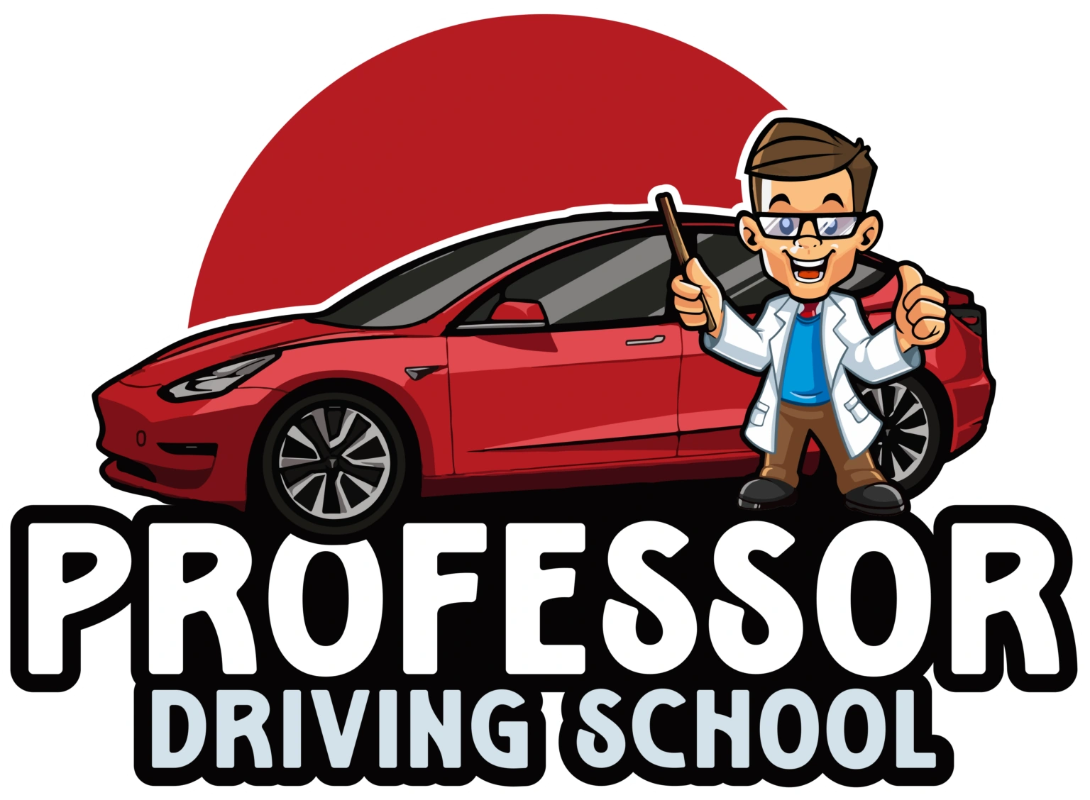Professor Driving School original logo with its illustrated instructor and red car